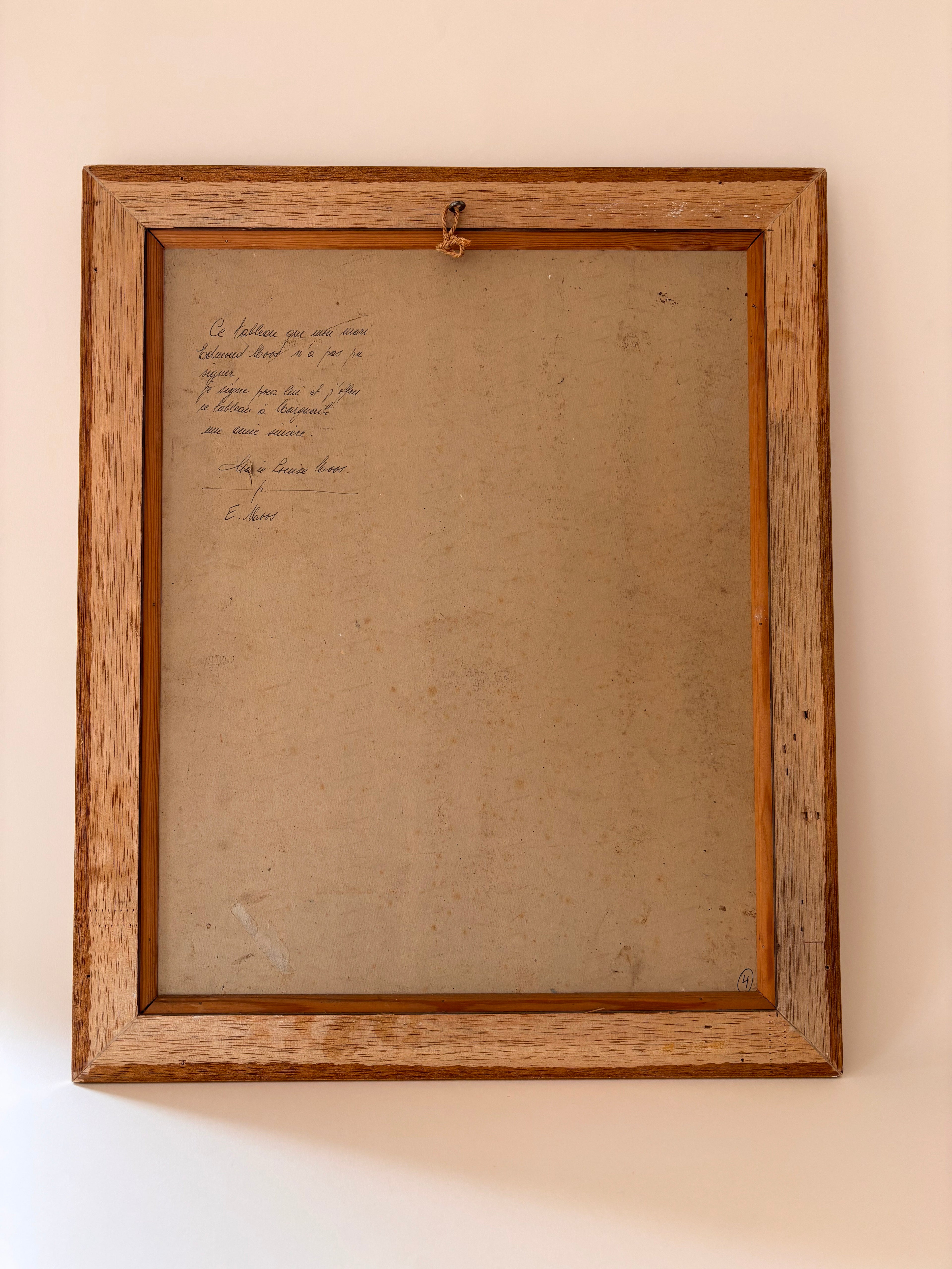 Back of a vintage oil painting on panel showing reverse side of the wood panel