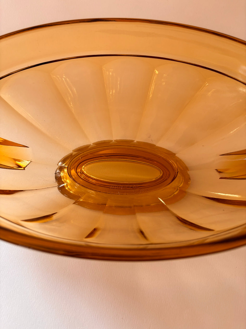 Interior of a vintage Val Saint Lambert bowl showing Val Saint Lambert Belgique mark