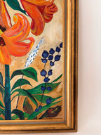 Close-up of a lily in a vintage oil painting showing brushwork and color detail