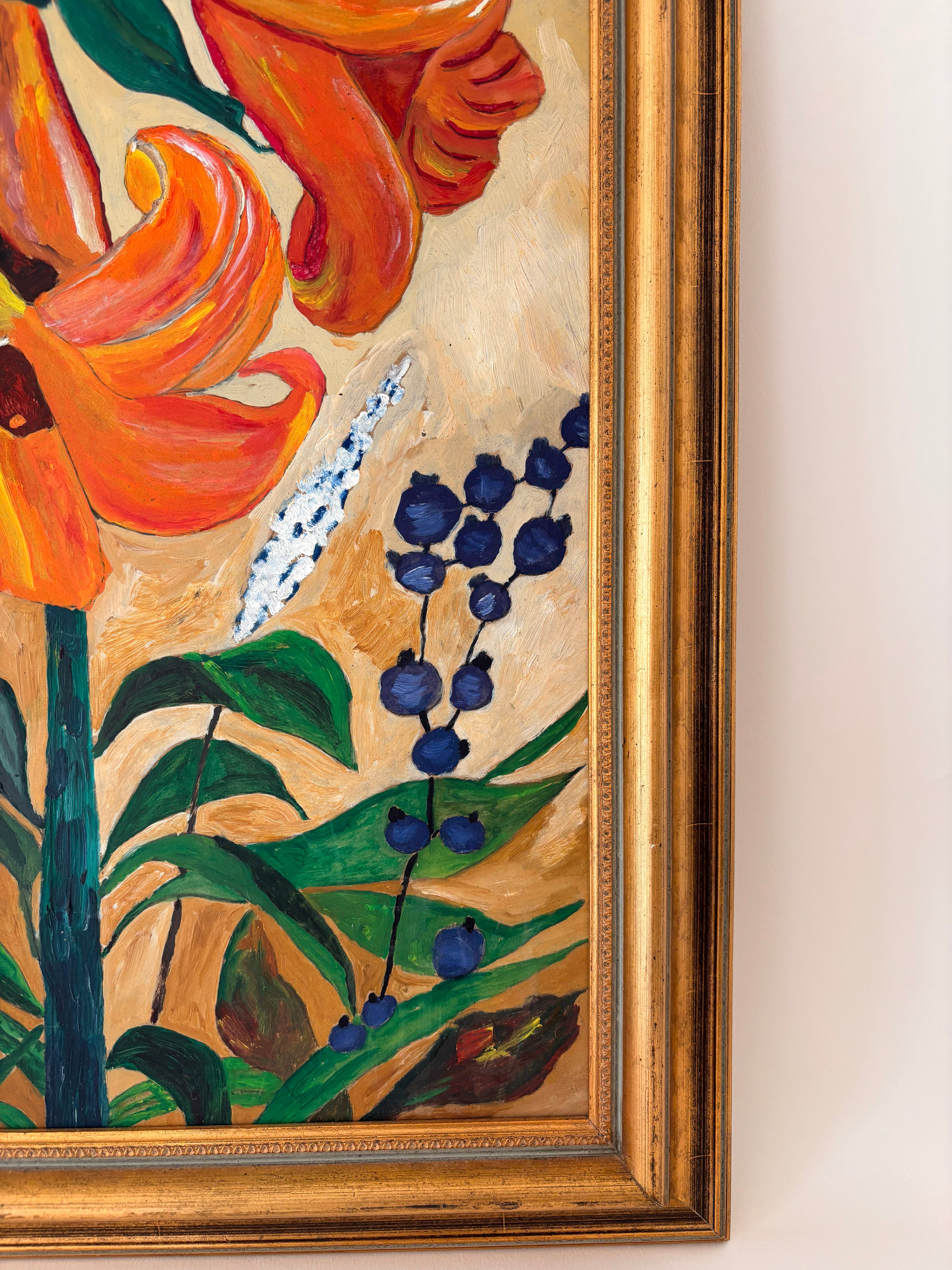 Close-up of a lily in a vintage oil painting showing brushwork and color detail
