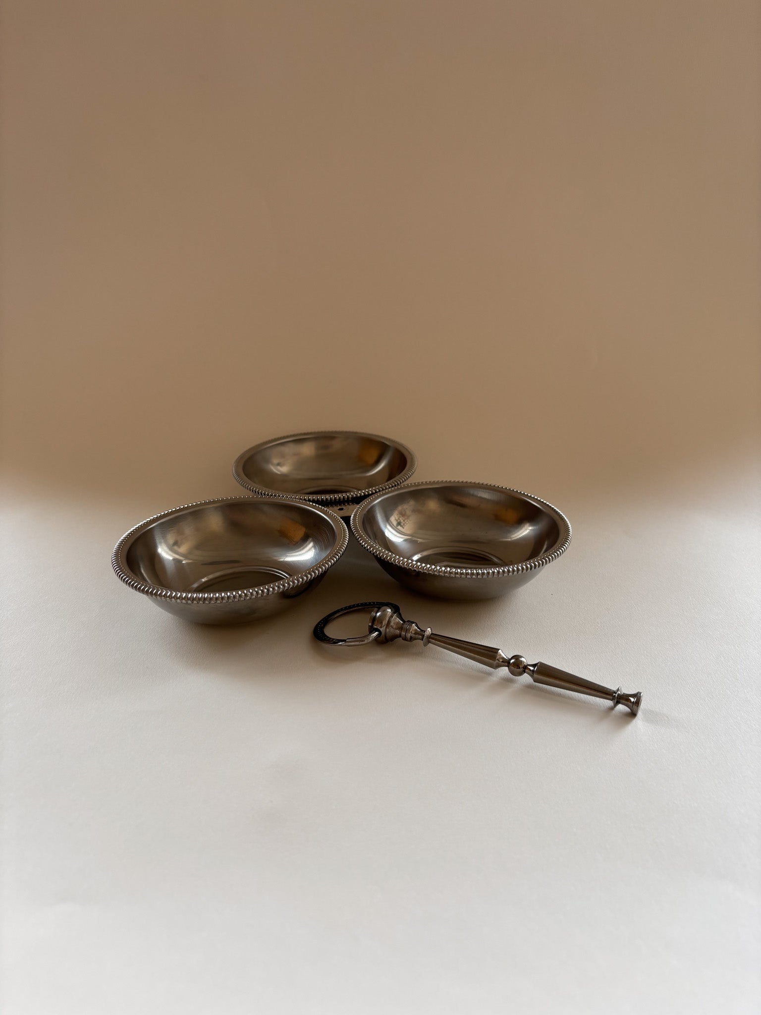 Vintage Jean Couzon Orfèvre three-compartment stainless steel server and handle 