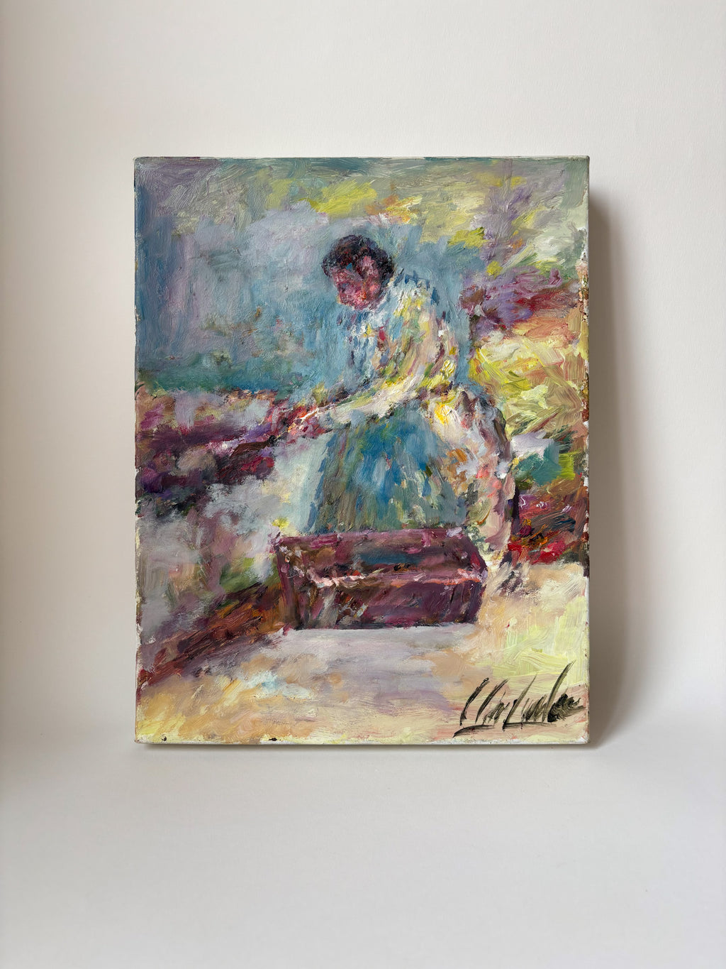 Vintage Oil on Canvas, Woman at Work in the Fields