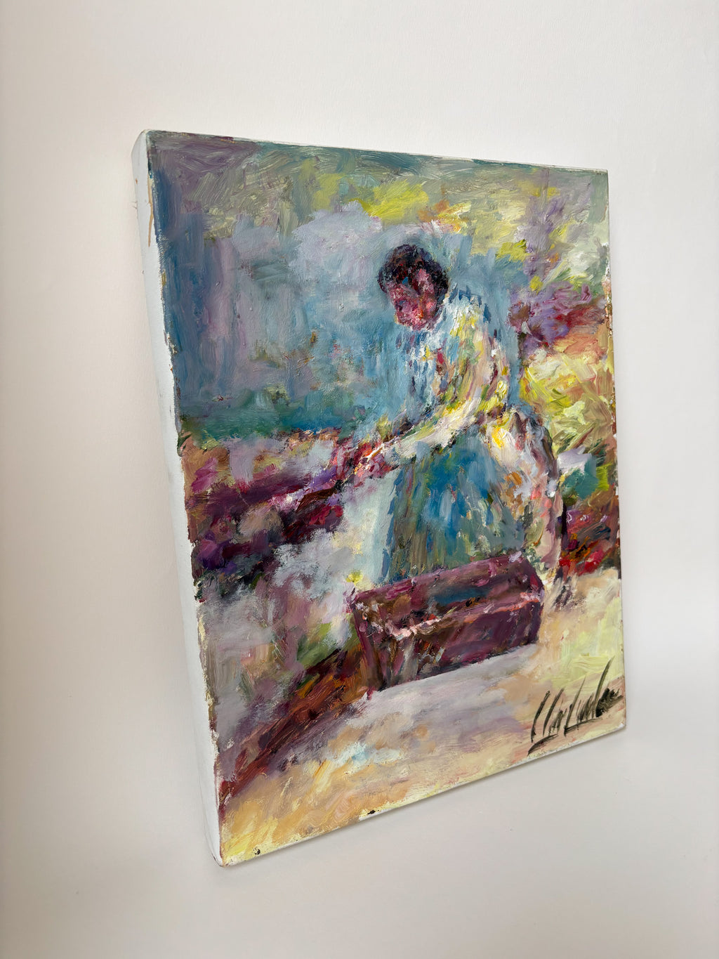 Vintage Oil on Canvas, Woman at Work in the Fields