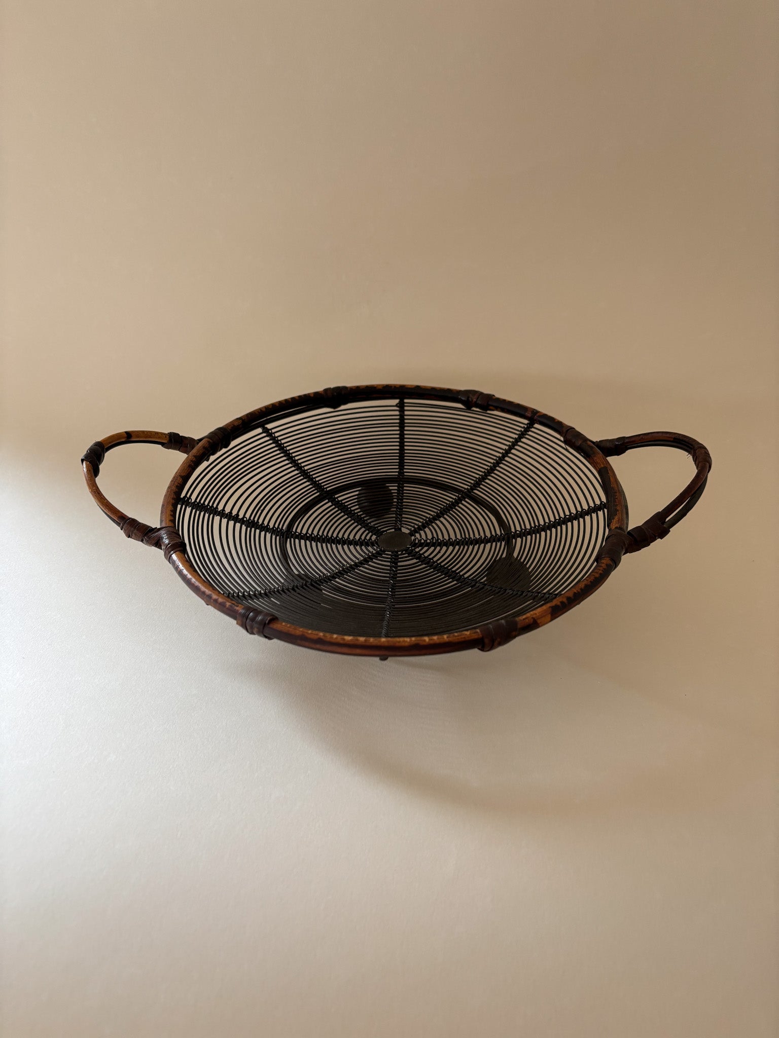 Vintage Wire Basket with Rattan Rim