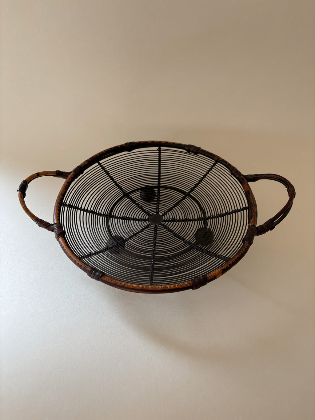 Vintage Wire Basket with Rattan Rim