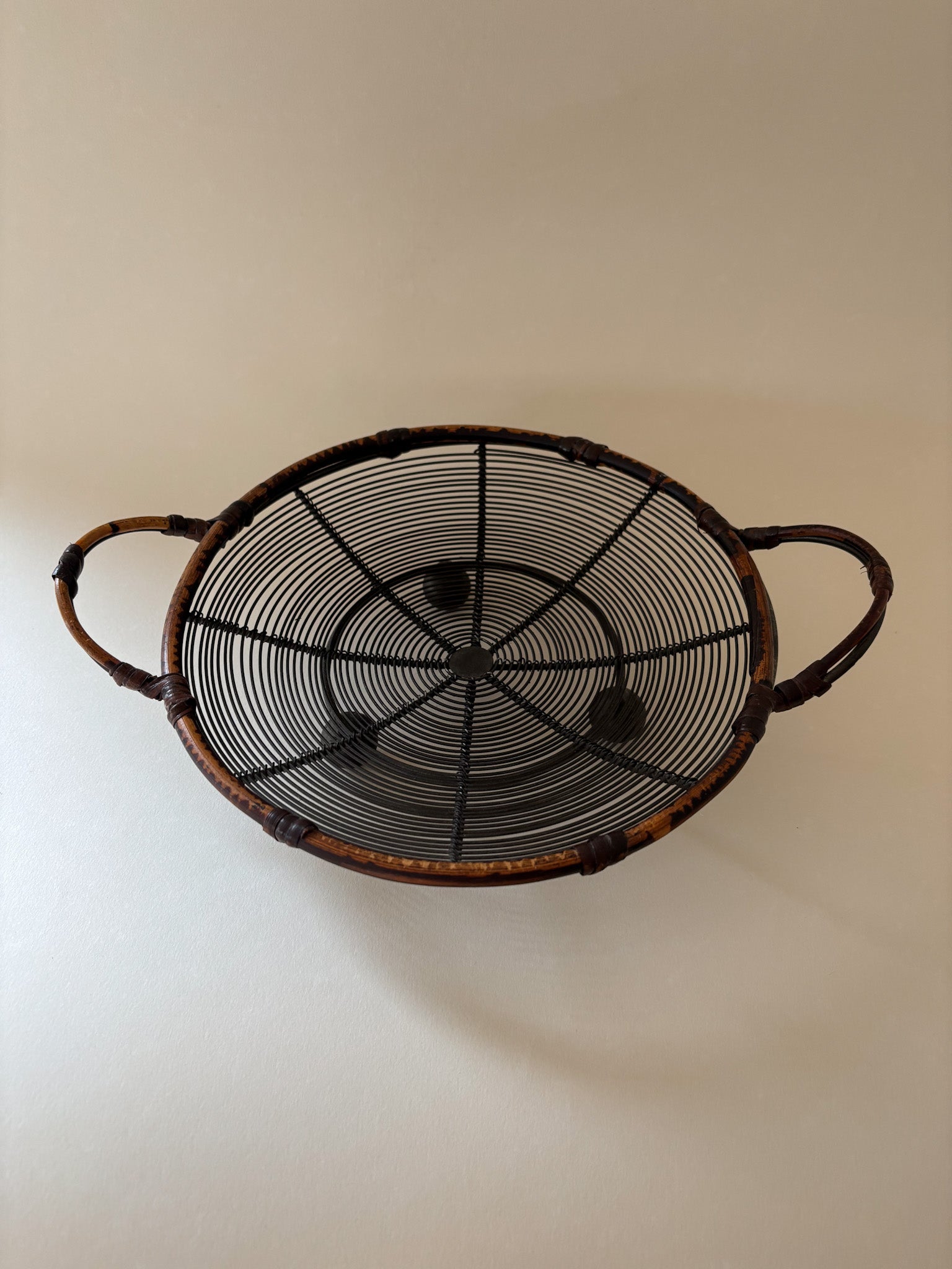 Vintage Wire Basket with Rattan Rim