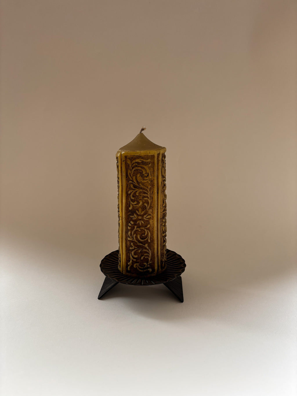 Vintage Carved Pillar Candle with Metal Stand