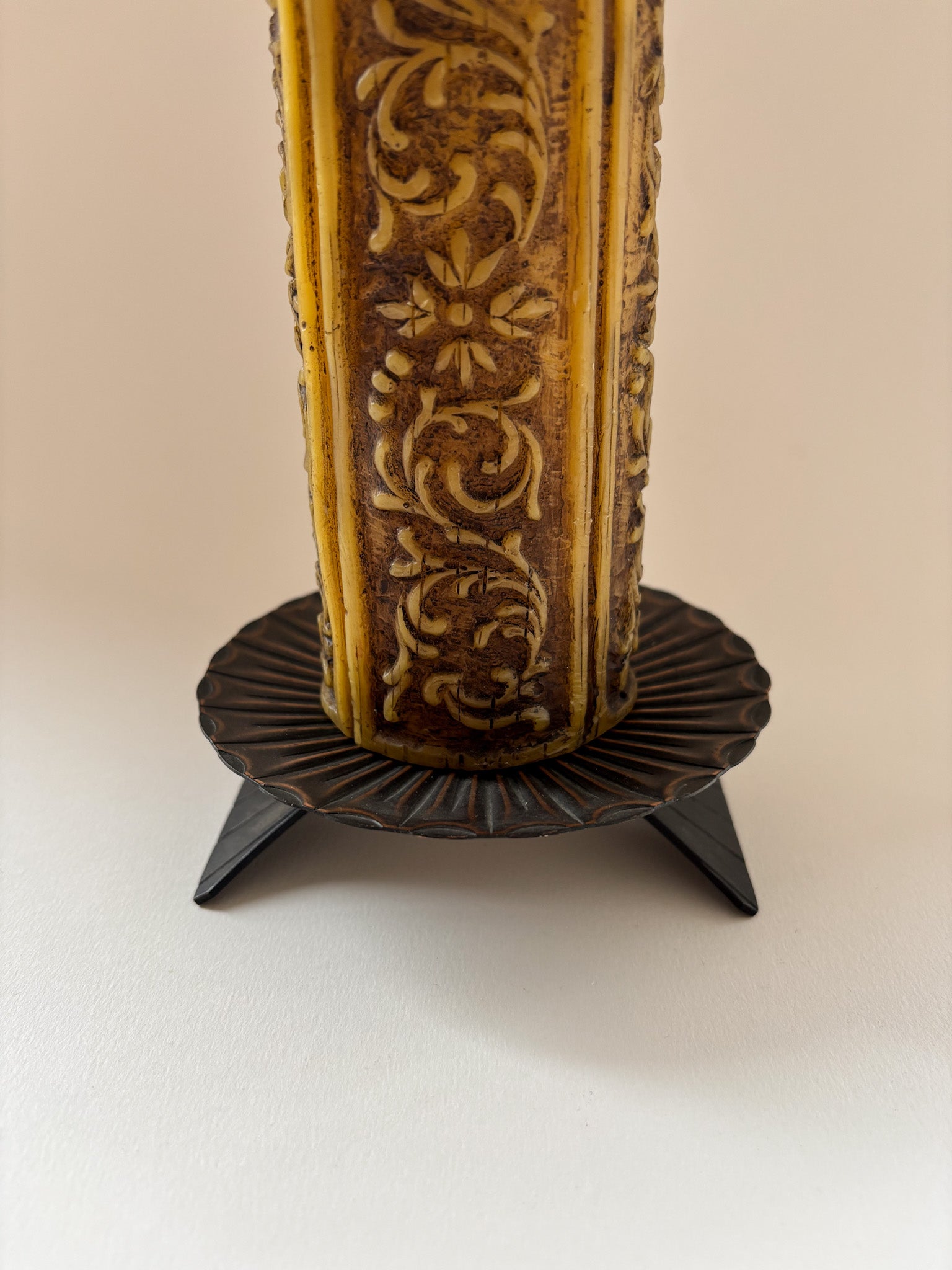 Vintage Carved Pillar Candle with Metal Stand