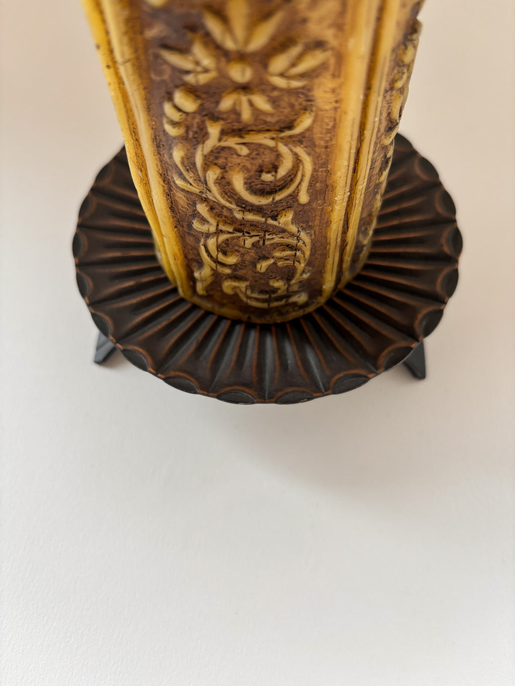 Vintage Carved Pillar Candle with Metal Stand