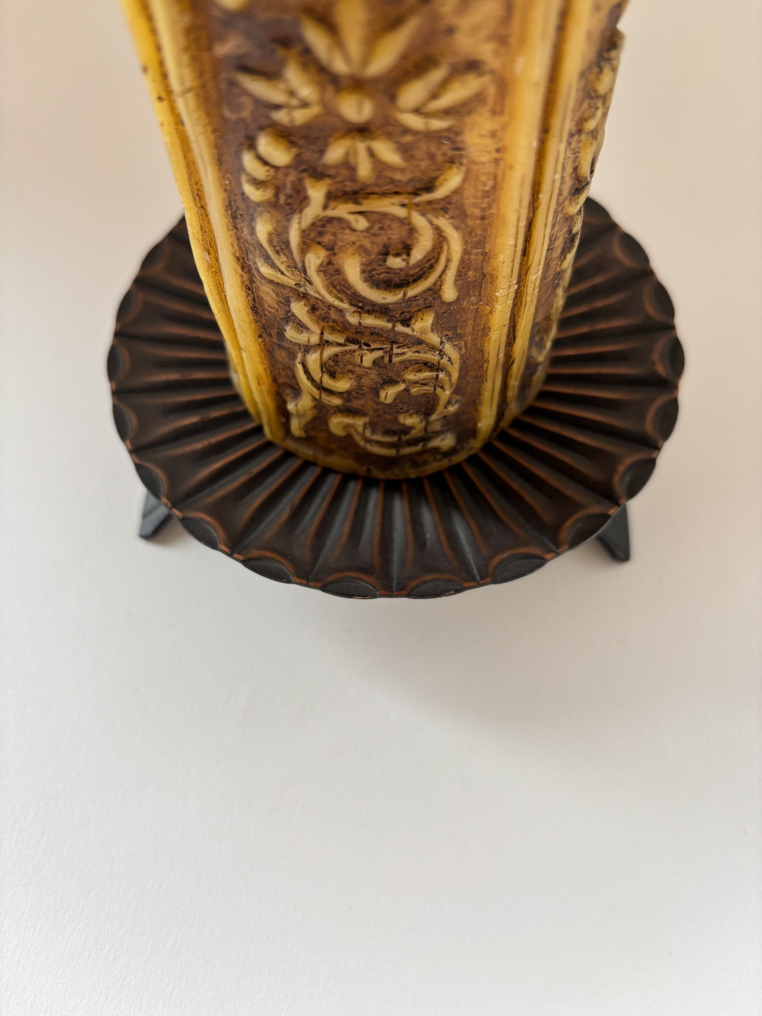 Vintage Carved Pillar Candle with Metal Stand
