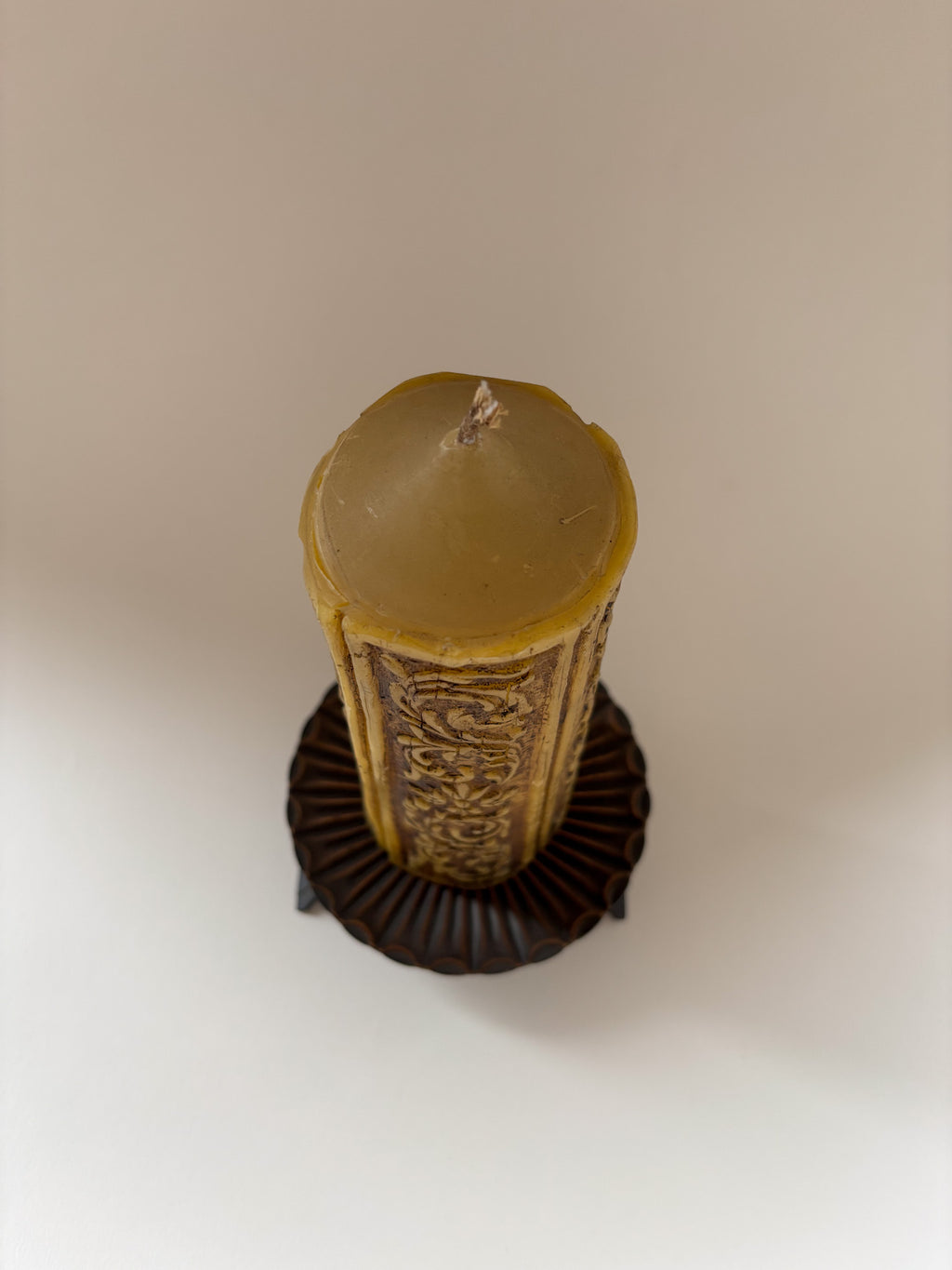 Vintage Carved Pillar Candle with Metal Stand