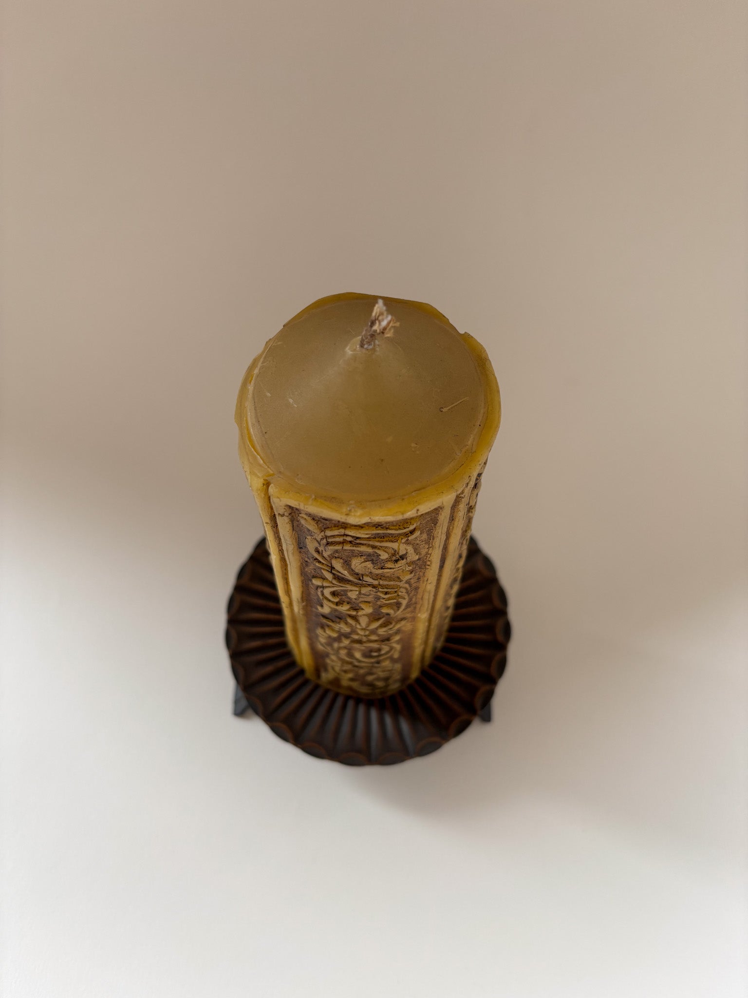 Vintage Carved Pillar Candle with Metal Stand