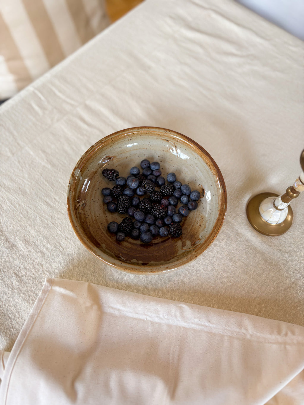 Vintage Hand-Thrown Ceramic Berry Bowl with Saucer