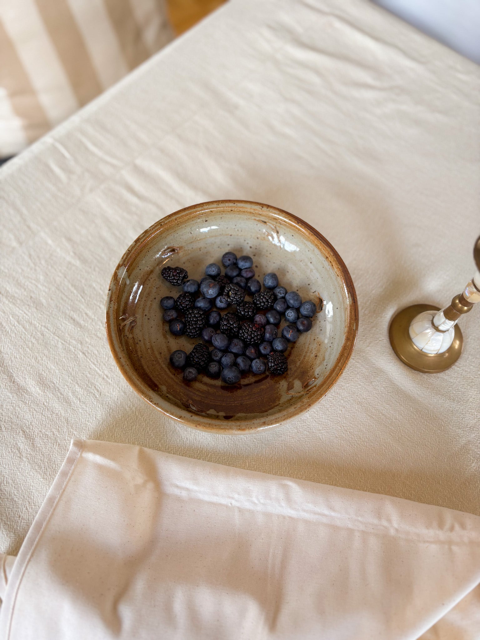 Vintage Hand-Thrown Ceramic Berry Bowl with Saucer