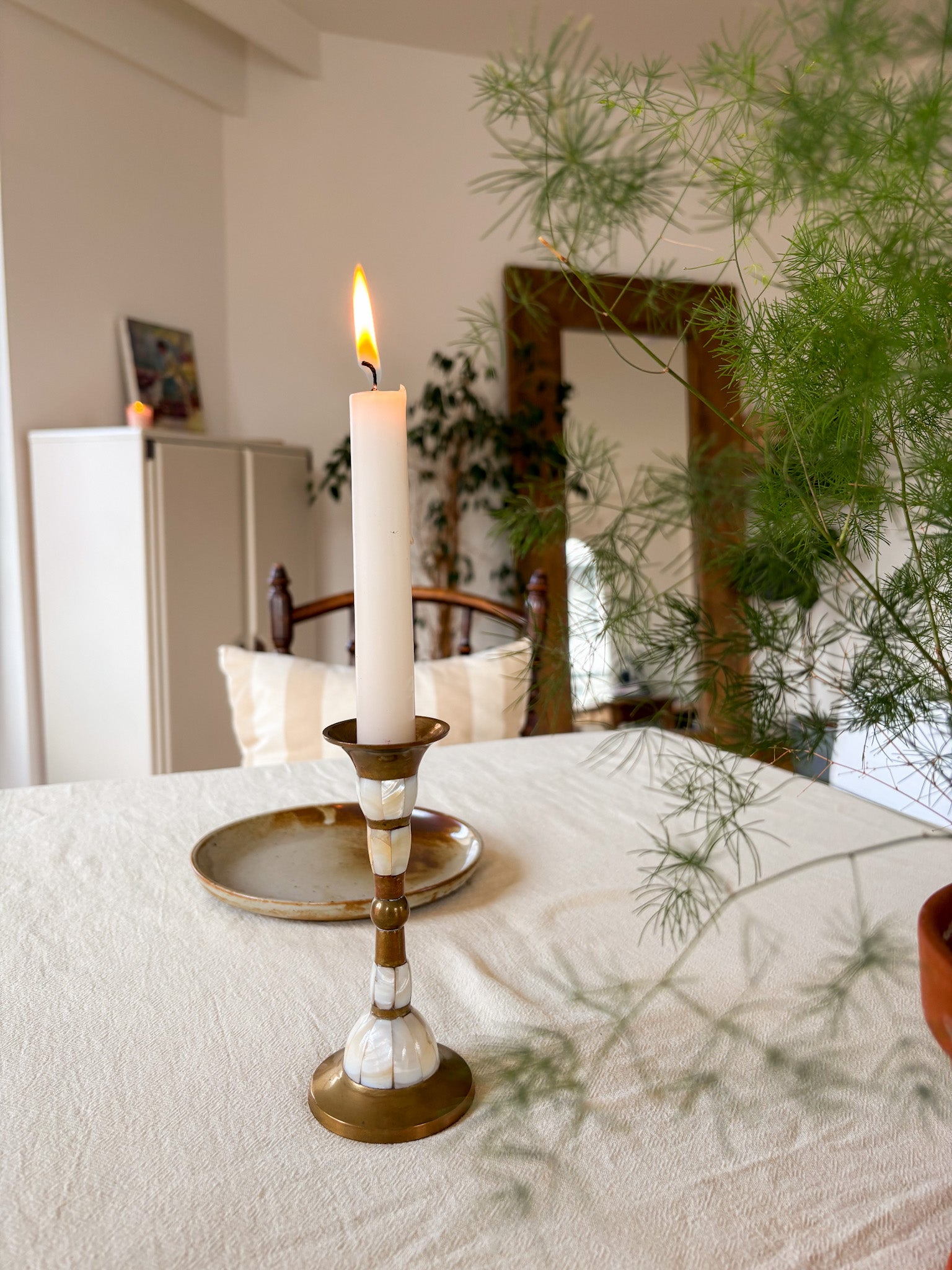 Brass & Mother of Pearl Candlestick