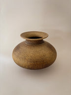 Top view: vintage West German Steuler Keramik art pottery vase in textured brown glaze.
