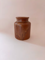 Vintage French stoneware mustard jar 2, front view, showing cylindrical form and warm ochre salt-glaze.