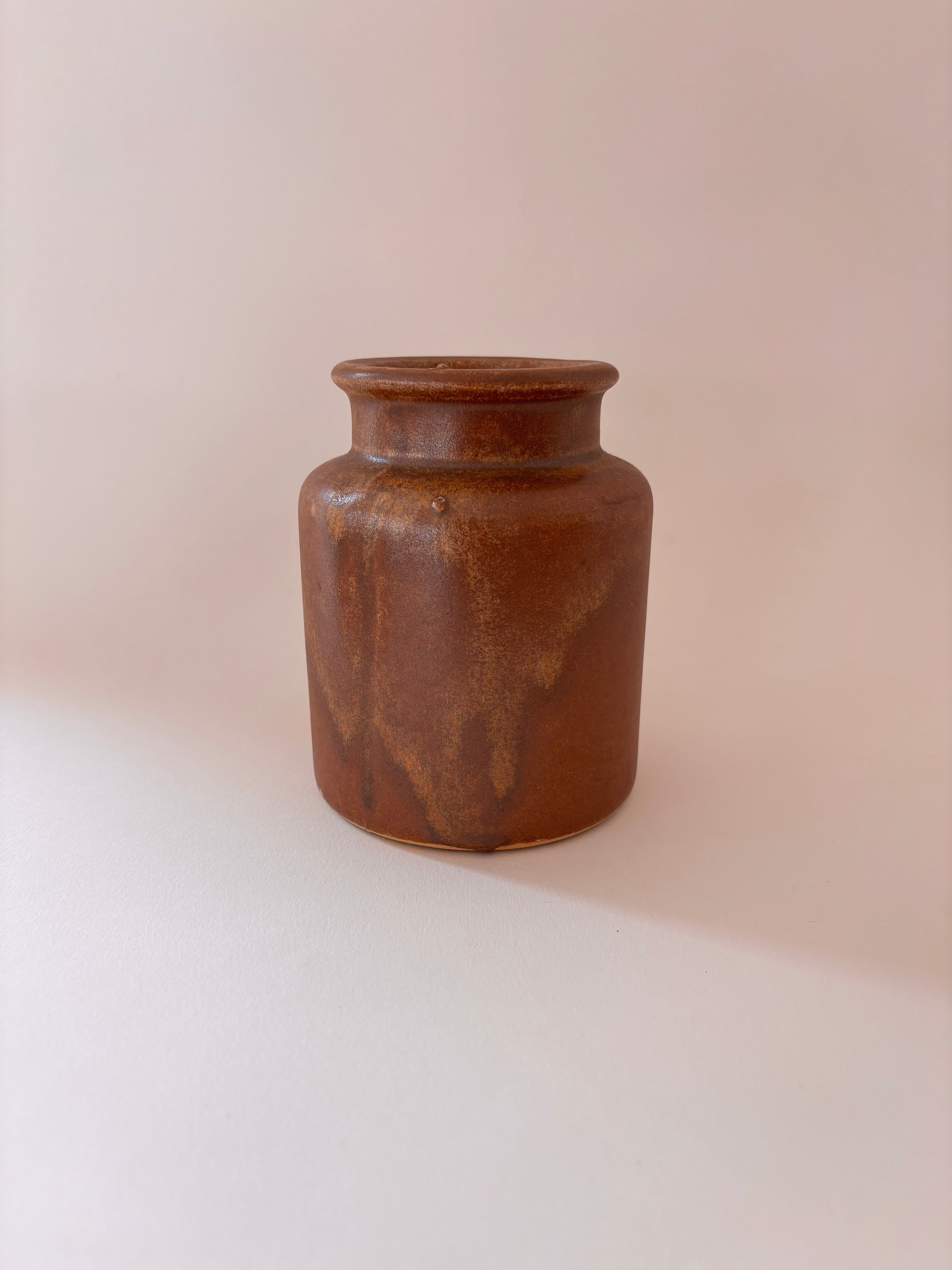 Vintage French stoneware mustard jar 2, front view, showing cylindrical form and warm ochre salt-glaze.