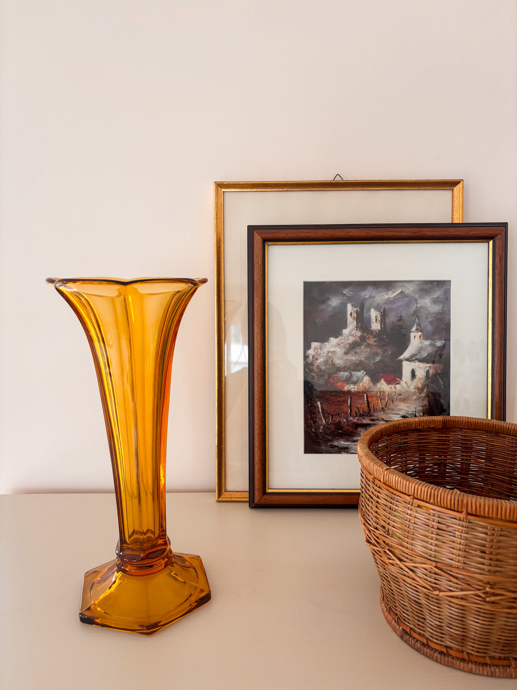 Vintage amber glass vase from Belgium. European home decor