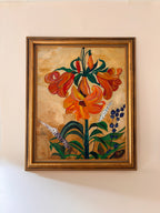 Vintage oil painting on panel of a lily in oranges in an original gold frame