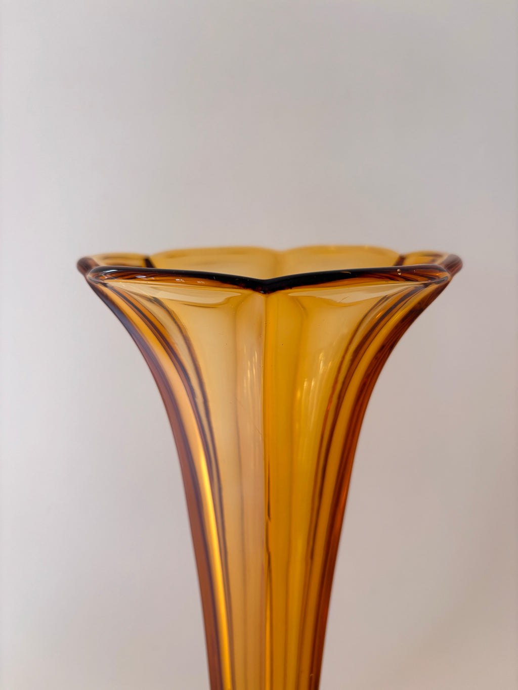 Top view of a vintage vase Val Saint Lambert amber glass showing flared rim and ribbed detail