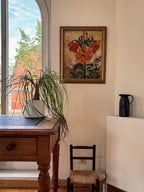 home decor, vintage oil painting of a lily in an original gold frame 